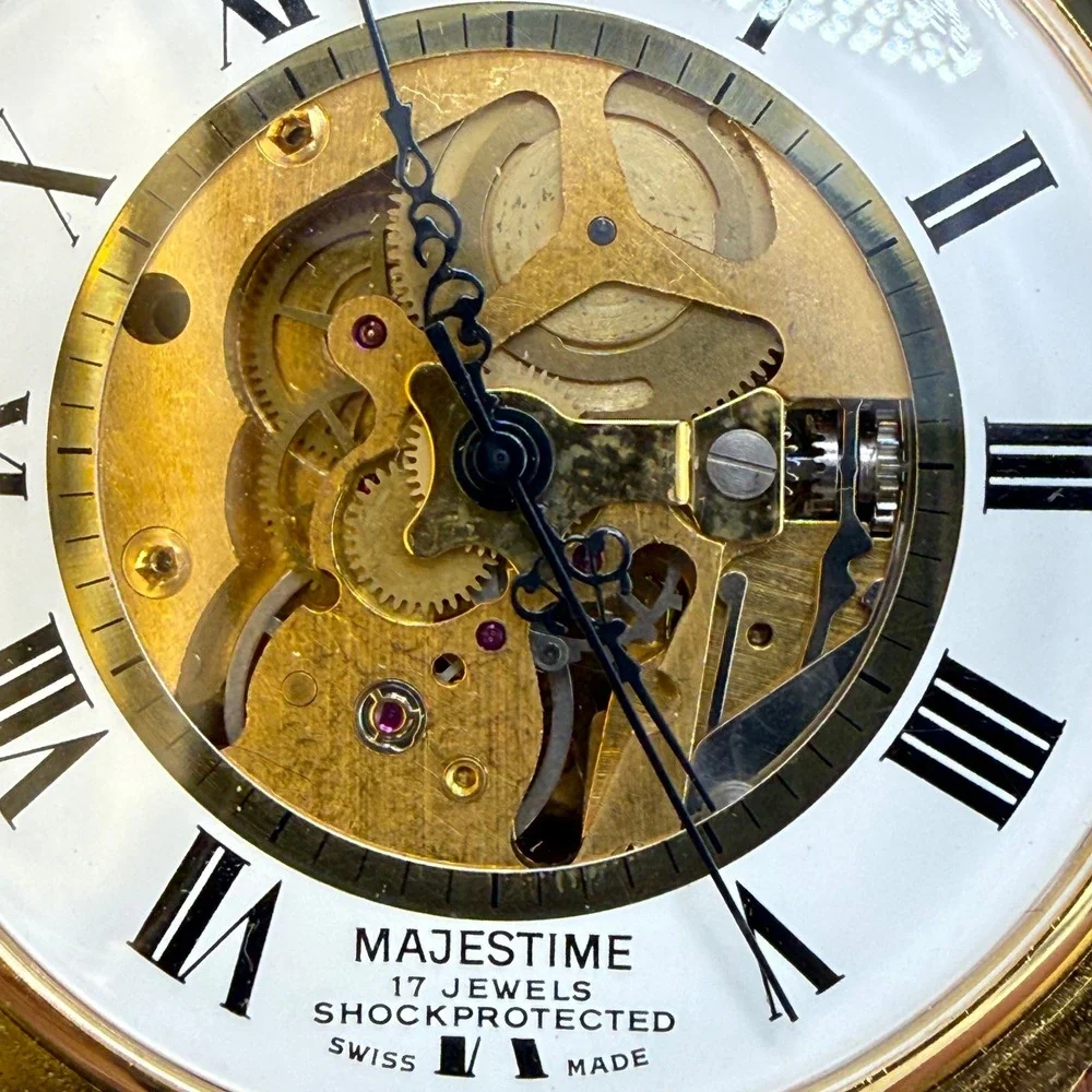 Vintage Majestime Pocket Watch Gold Tone Skeleton Car  Floral Working
